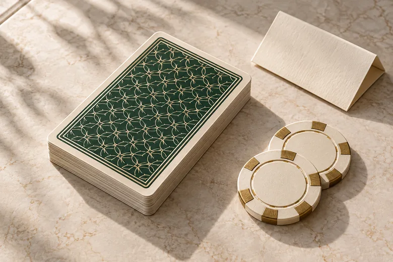 Green-backed playing cards and two ivory and gold chips on pale stone